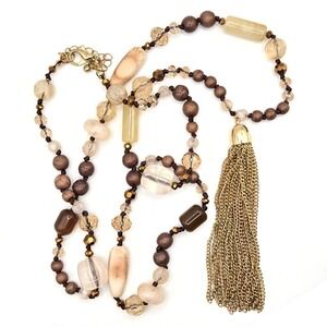 Boho Beaded Tassel Necklace Earthy Mixed Media Hand Knotted Gold Tone Chain